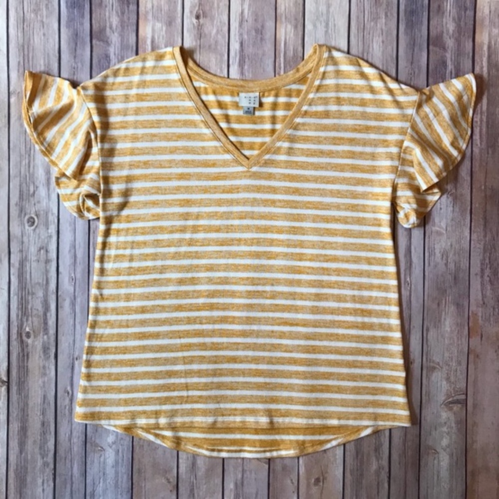 EUC A New Day Striped Yellow Ruffle Sleeve Tee XS